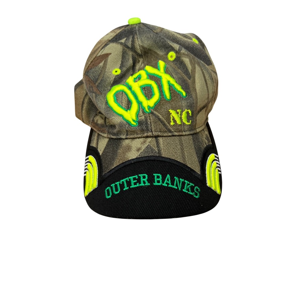 OBX North Carolina Camo Baseball Hat Neon Green Embroidery Outer Banks - OSFM